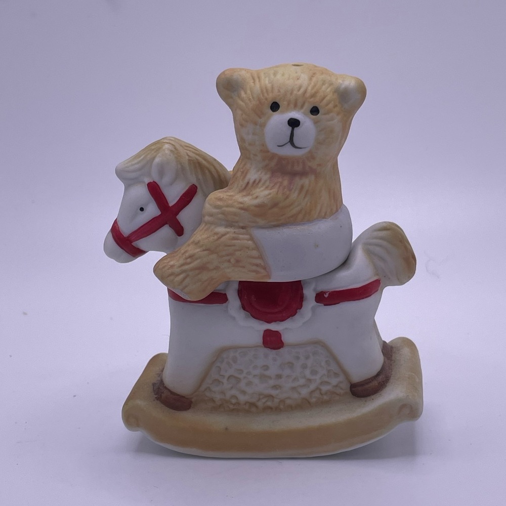 Teddy Bear On Rocking Horse, Vintage Ceramic Salt And Pepper Shakers w/ Stoppers